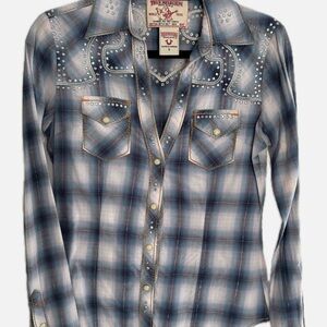True Religion Rock & Roll Cowgirl Blue Plaid Studded Shirt
